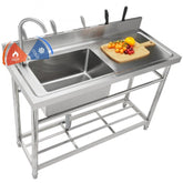 Stainless Steel Utility Sink 1 Compartment Free Standing Small Sink with Workbench Faucet and Legs 394 x 191 x 374 in Commercial Single Bowl for Garage Restaurant Laundry