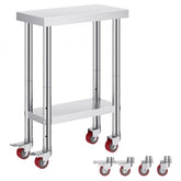 Stainless Steel Work Table 12 x 24 x 34 Inch, 700 LBS Load Capacity with 4 Wheels, 3 Adjustable Height Levels, Heavy Duty Food Prep Worktable for Commercial Kitchen Restaurant, Silver