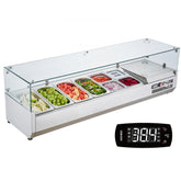 150W countertop refrigerated condiment station with 4 1/3 pans and 4 1/6 pans, 304 stainless steel body and PC lid with glass protector