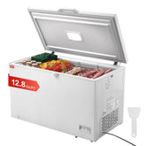 12.8 cu ft / 345 L large deep freezer compartment with 4 removable baskets, freestanding top-loading commercial chest freezer with locking lid, 7 adjustable temperatures, LED lighting, and 6 wheels