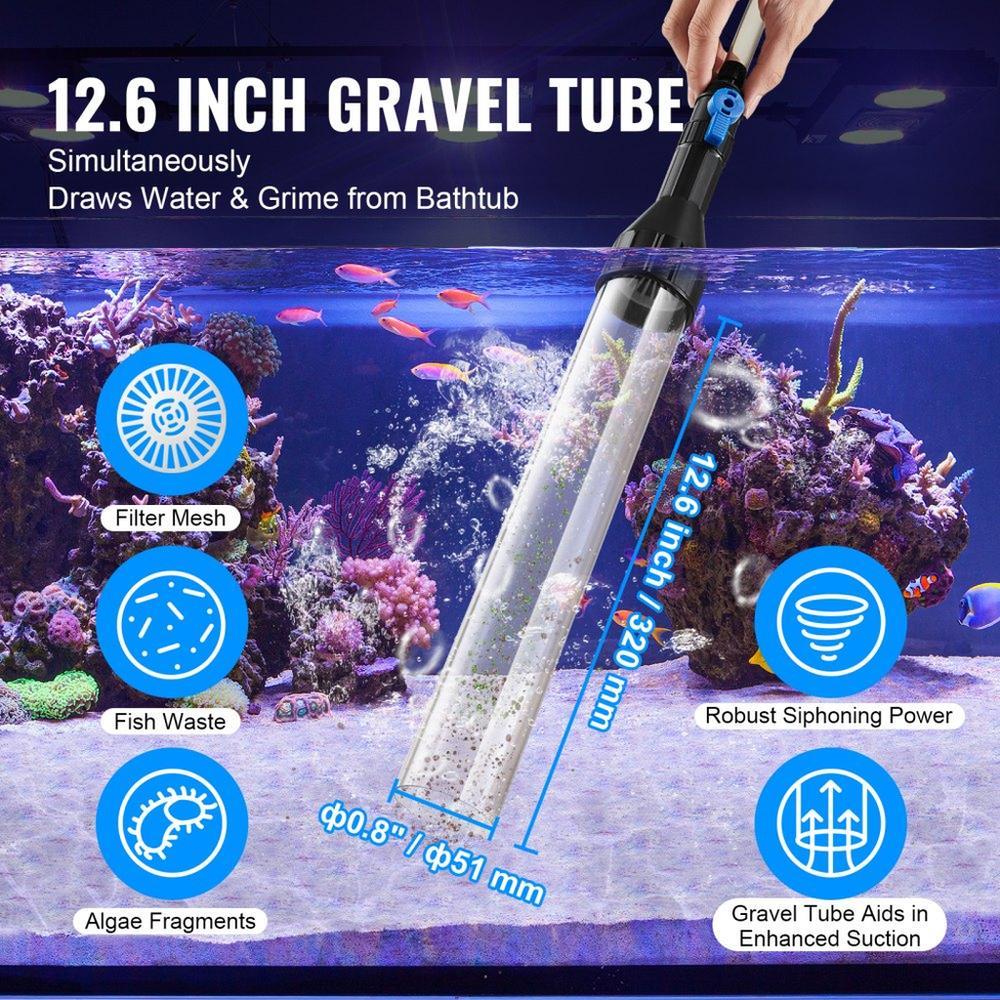 Aquarium Vacuum Gravel Cleaner, 30ft PVC Hose Fish Tank Vacuum Gravel Cleaner, Siphon Fish Tank Cleaner Vacuum, 3 Types of Brass Adapters, for Fish Tank Cleaning Gravel & Sand