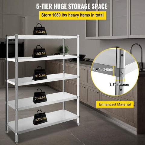 Stainless Steel Shelves 47.5x18 Inch 5 Tier Adjustable Shelf Storage Unit Stainless Steel Rack Shelving Heavy Duty Shelving for Kitchen Commercial Office Garage Storage 330lb Per Shelf