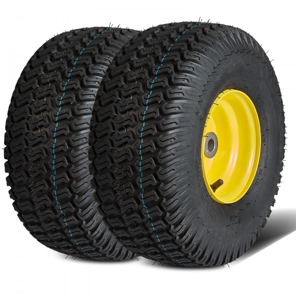 Lawn Mower Tires with Rim, 15x6-6" Tubeless Tractor Tires, 2-Pack Tire and Wheel Assembly, S-Turf Pneumatic Tires, 3" Offset Hub, 3/4" Bushing Size, 16 PCS Adapters for Riding Mower Lawn Tractor