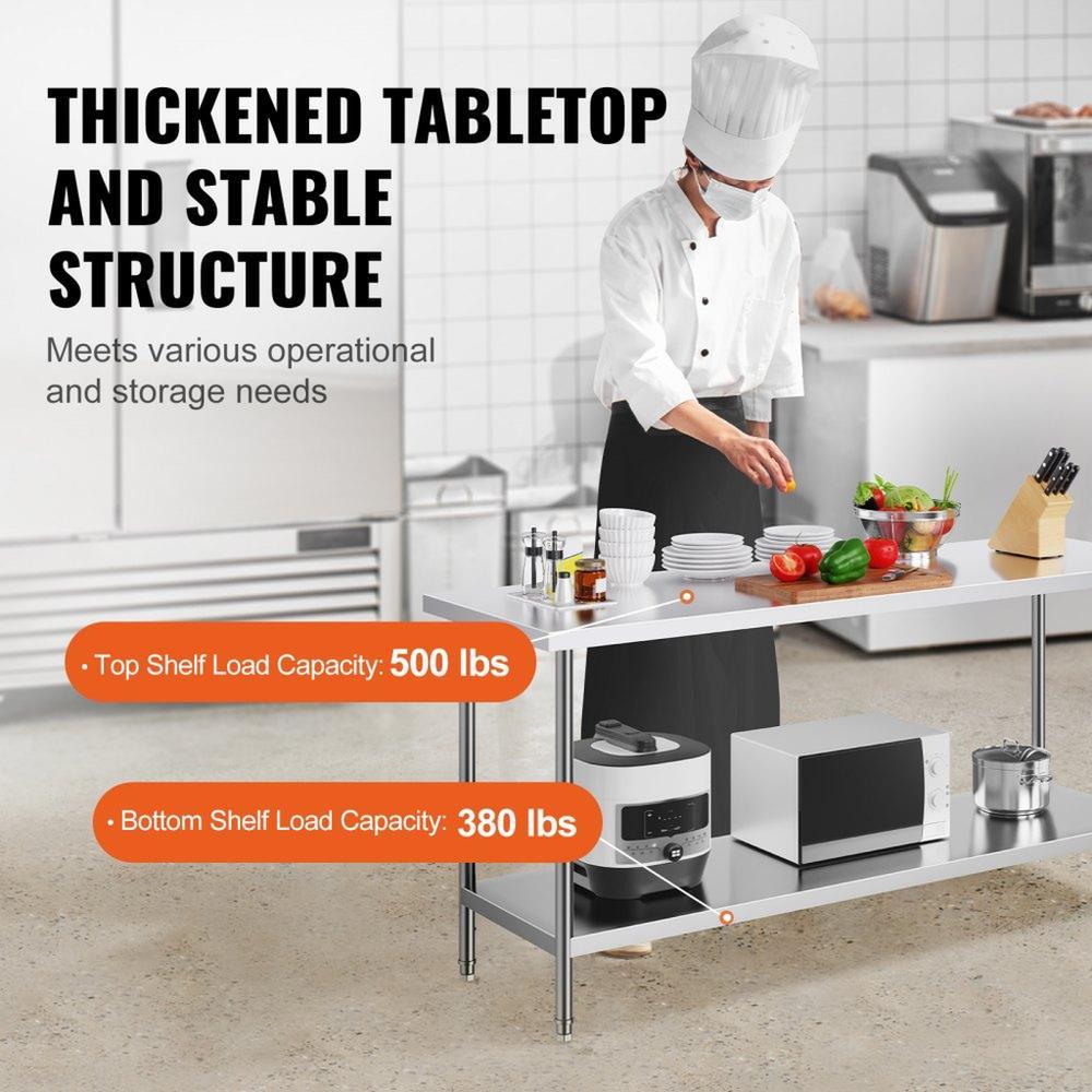 Stainless Steel Prep Table, 24 x 72 x 34 Inch, Heavy Duty Metal Worktable with 3 Adjustable Height Levels, Commercial Workstation for Kitchen Garage Restaurant Backyard