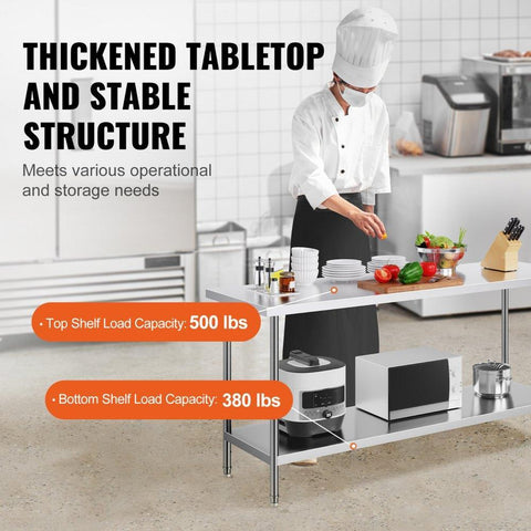 Stainless Steel Prep Table, 24 x 72 x 34 Inch, Heavy Duty Metal Worktable with 3 Adjustable Height Levels, Commercial Workstation for Kitchen Garage Restaurant Backyard