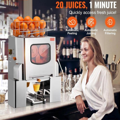 Commercial Orange Juicer Machine, 120W Automatic Juice Extractor, Stainless Steel Orange Squeezer 20 Oranges/Minute, with Pull-Out Filter Box, Stainless Steel Cover, 2 Peel Collecting Buckets