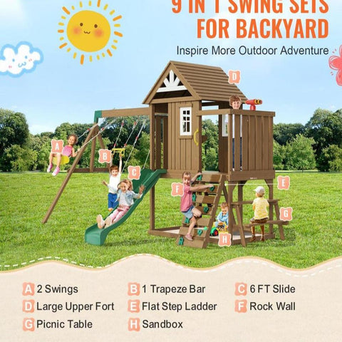Wooden Swing Set 9 IN 1 Outdoor Playground Sets 6 FT Slide Upper Fort
