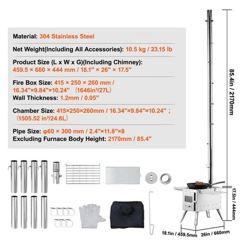 Wood Stove, 86 inch, Stainless Steel Camping Tent Stove, Portable Wood Burning Stove with Chimney Pipes & Gloves, 3000in³Firebox Hot Tent Stove for Outdoor Cooking and Heating with 8 Pipes
