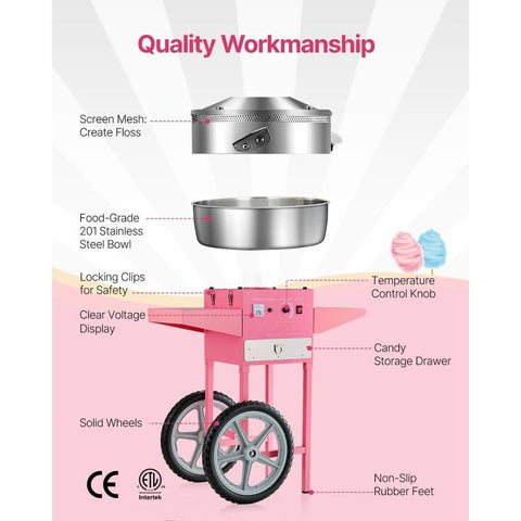 Electric Cotton Candy Machine with Cart, 1000W Commercial Candy Floss Maker with 20.5 in Stainless Steel Bowl, Sugar Scoop, and Drawer, Easy to Use, for Home, Kids Birthday, Family Party, Pink