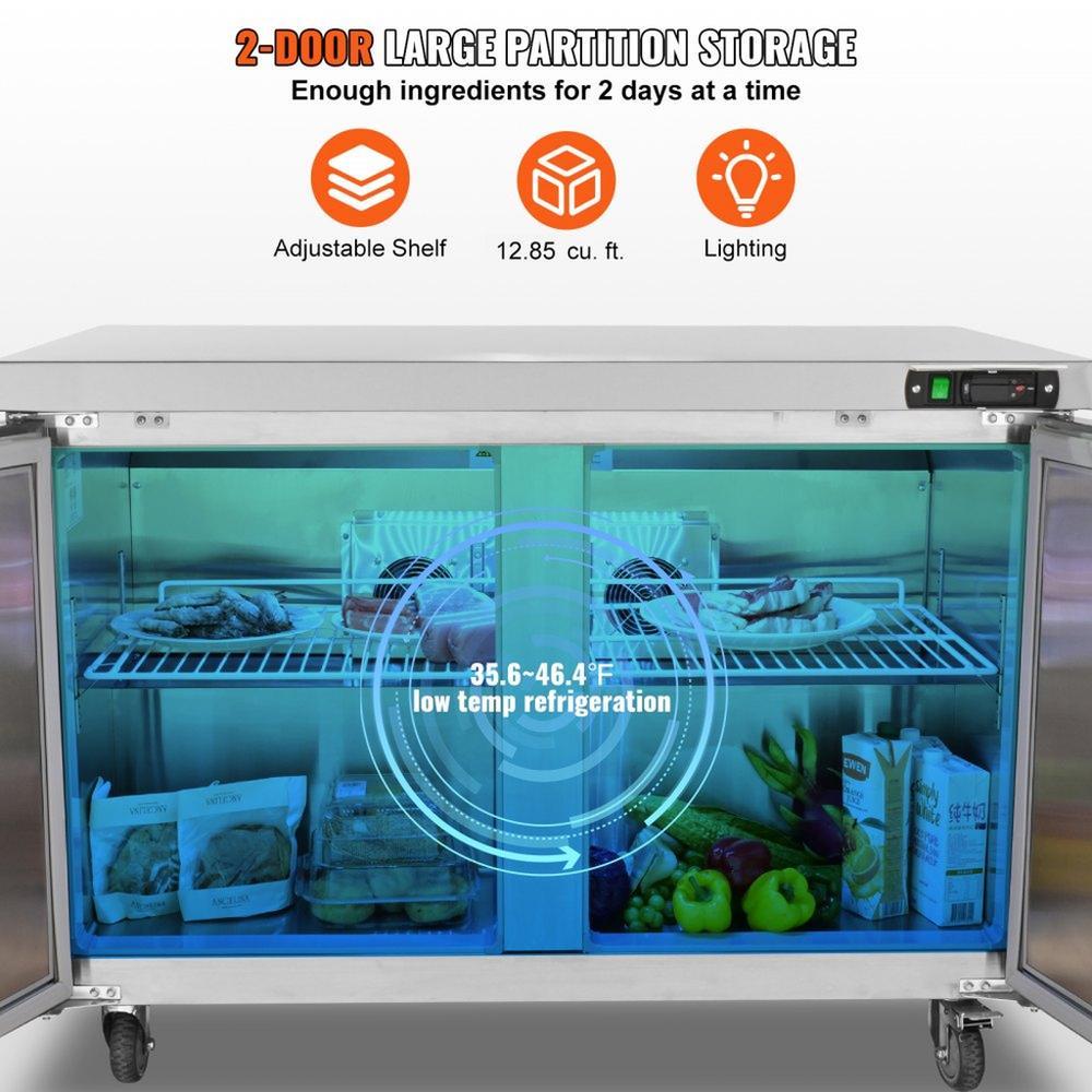 Commercial Refrigerator, 48" Worktop Undercounter Refrigerator, 12.85 Cu. Ft Thick Stainless Steel Refrigerated Food Prep Station, 2 Door Worktop Fridge with lock for Restaurant, Bar, Diner