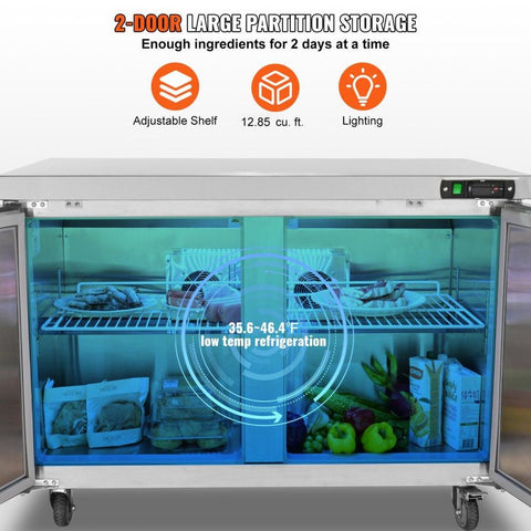 Commercial Refrigerator, 48" Worktop Undercounter Refrigerator, 12.85 Cu. Ft Thick Stainless Steel Refrigerated Food Prep Station, 2 Door Worktop Fridge with lock for Restaurant, Bar, Diner