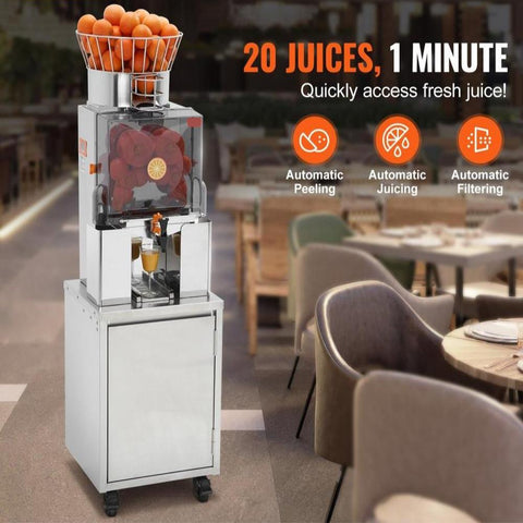 Commercial Orange Juicer, 120W Automatic Feeding Juice Extractor with Water Tap, Stainless Steel Juicer Machine 25 Oranges/Minute, with Pull-Out Filter Box, PC Cover, 3 Peel Collecting Buckets