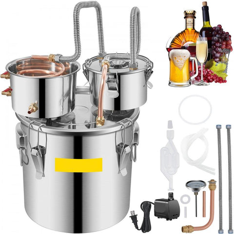 Moonshine Still Stainless Steel Water Alcohol Distiller Copper Tube With Circulating Pump Home Brewing Kit Build-in Thermometer for DIY Whisky Wine Brandy Spirits