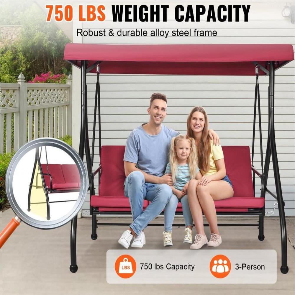 3-Seat Patio Swing Chair, Converting Canopy Swing, Outdoor Patio Porch with Adjustable Canopy, Removable Thick Cushion and Alloy Steel Frame, for Balcony, Backyard, Poolside, Burgundy