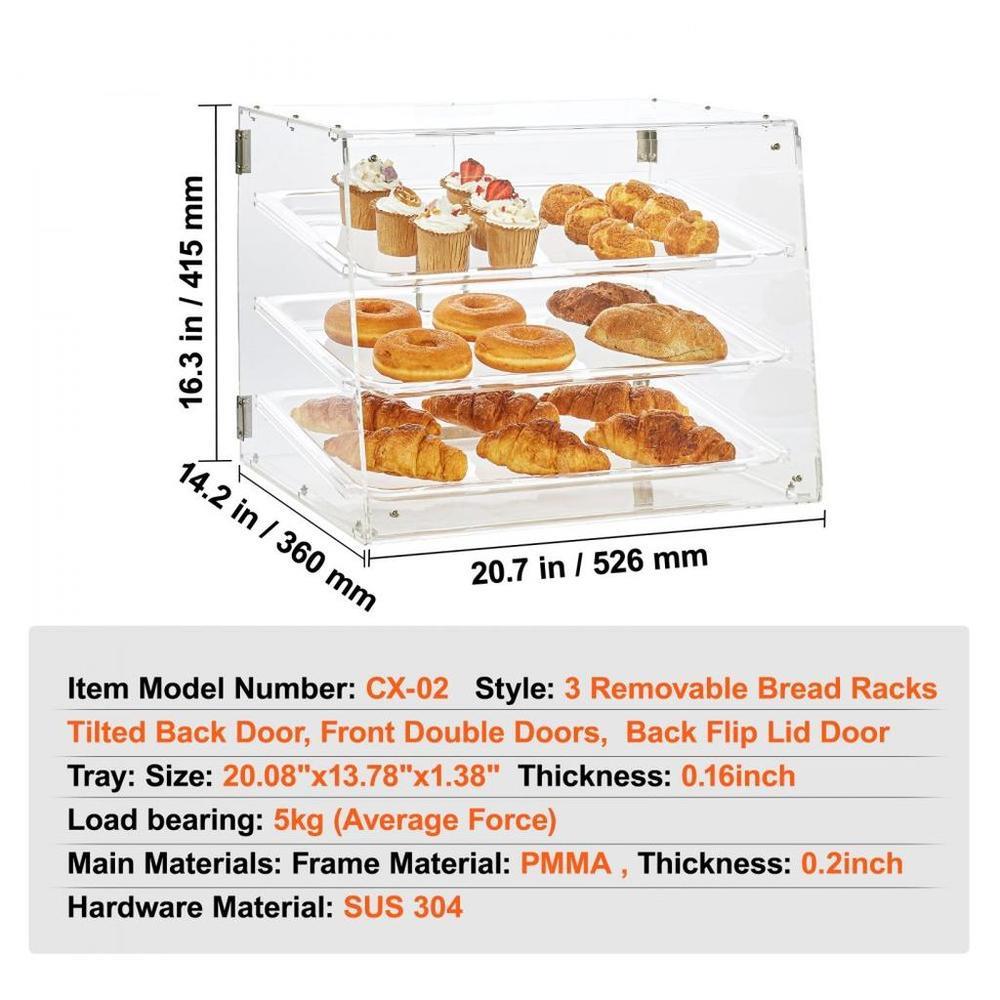 Pastry Display Case, 3-Tier Commercial Countertop Bakery Display Case, Acrylic Display Box with Rear Door Access & Removable Shelves, Keep Fresh for Donut Bagels Cake Cookie, 20.7"x14.2"x16.3"
