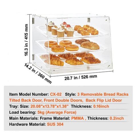 Pastry Display Case, 3-Tier Commercial Countertop Bakery Display Case, Acrylic Display Box with Rear Door Access & Removable Shelves, Keep Fresh for Donut Bagels Cake Cookie, 20.7"x14.2"x16.3"