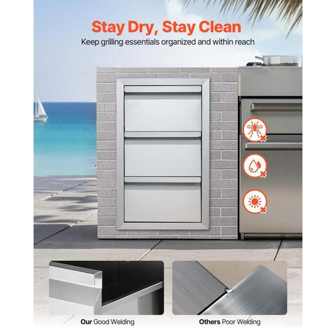 Outdoor Kitchen Drawers 15" W x 25.4" H x 19" D, Box Frame Style Flush Mount BBQ Drawers with Stainless Steel Handle, BBQ Island Drawers for Outdoor Kitchens or Patio Grill Station