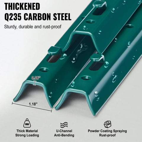 7 Feet Fence Post, 10 Pack U-Channel Heavy Duty Metal Fence Posts, Sturdy Steel Fence Stakes for Garden Yard, Lawn, Farms and Outdoor Wire Fencing, Green