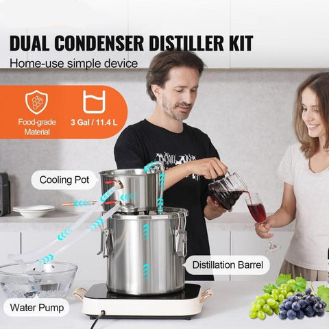 Alcohol Still, 3 Gal / 11.4 L Stainless Steel Water Alcohol Distiller with Coil Cooling, Home Brewing Refining Fermentation Kit with Dual Display Thermometer, for Wine Whisky Brandy, Silver
