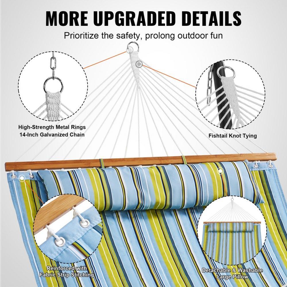 Double Quilted Fabric Hammock with Hardwood Spreader Bar Detachable Pillow