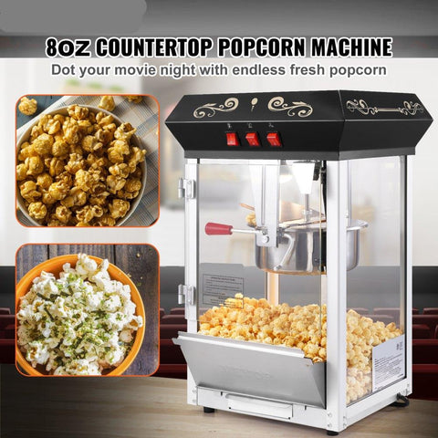 Popcorn Maker, 850W Popcorn Popper Machine, 8 Oz Kettle Makes 48 Cups per Batch, Countertop Popcorn Maker with Tempered Glass, Includes 4 Scoops, Movie Theater Style, Black