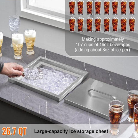 Drop in Ice Chest, 14"L x 12"W x 18"H Stainless Steel Ice Cooler, Commercial Ice Bin with Cover, 40 qt Outdoor Kitchen Ice Bar, Drain-pipe and Drain Plug Included, for Cold Wine Beer