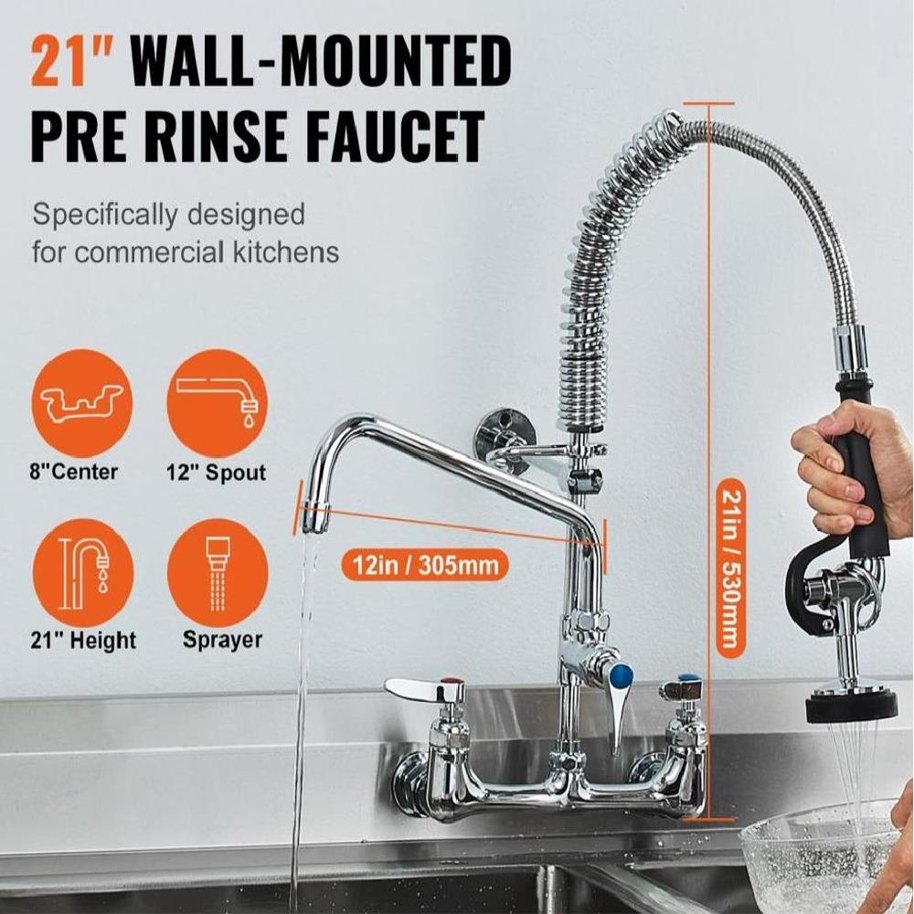 Commercial Faucet with Pre-Rinse Sprayer, 21" Height, 8" Center, 12" Swing Spout, Wall Mount Kitchen Sink Faucet, Brass Constructed Device with Pull Down Spray, for 1/2/3 Compartment Sink