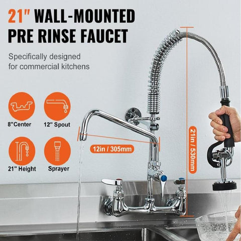 Commercial Faucet with Pre-Rinse Sprayer, 21" Height, 8" Center, 12" Swing Spout, Wall Mount Kitchen Sink Faucet, Brass Constructed Device with Pull Down Spray, for 1/2/3 Compartment Sink