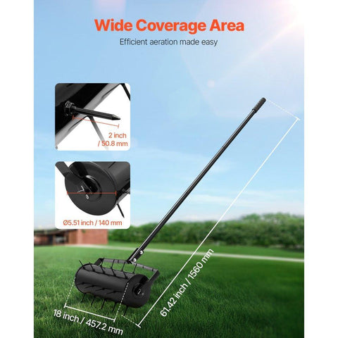Rolling Lawn Aerator, 18-inch Heavy-Duty Manual Rolling Aerator Lawn with Detachable Handle and 27 Iron Spikes, Rolling Lawn Aeration Tool for Garden Patio Yard Compacted Soils and Lawns, Black