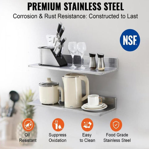 8.6" x 30" Stainless Steel Shelf, Wall Mounted Floating Shelving with Backsplash, 44 lbs Load Capacity Commercial Shelves, Heavy Duty Storage Rack for Restaurant, Kitchen, Bar, Home, and Hotel (2 Packs)