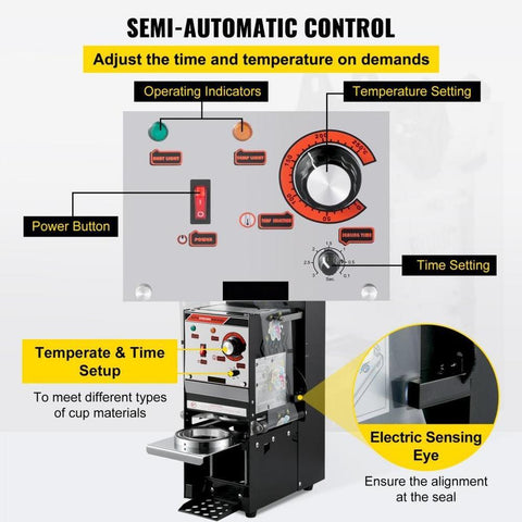 Semi-automatic Cup Sealing Machine, 300-500 Cup/h Tea Cup Sealer Machine, Black Boba Cup Sealer Machine, 90/95mm Cup Diameter Boba Cup Sealing Machine with Control Panel for Bubble Milk Tea