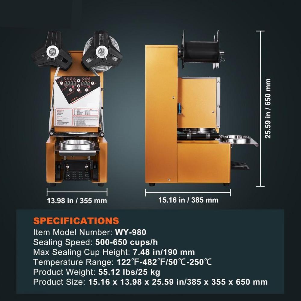Fully Automatic Cup Sealing Machine, 500-650 Cups/H, Cup Sealer Machine for 190 mm Tall & 90/95 mm Cup, Electric Tea Sealer with Digital Control LCD Panel for Bubble Milk Tea Coffee, Gold