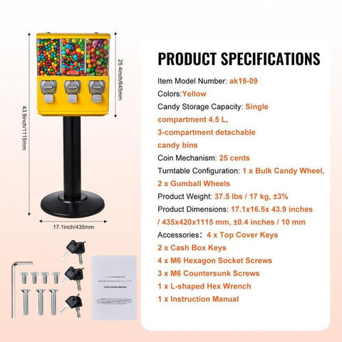 Gumball Machine Vending Coin Bank Vintage Candy Dispenser Stand Yellow