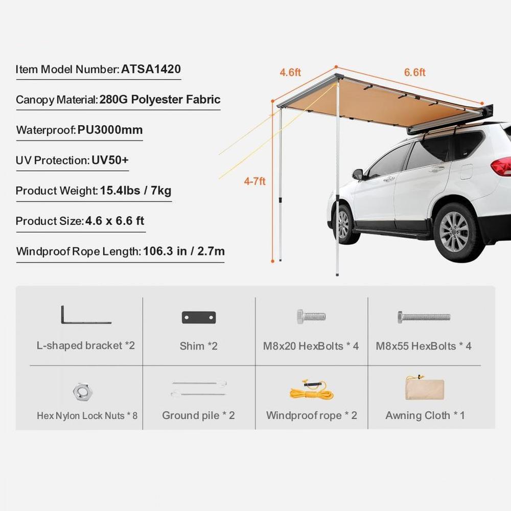 Car Side Awning, Large 4.6'x6.6' Shade Coverage Vehicle Awning, PU3000mm UV50+ Retractable Car Awning with Waterproof Storage Bag, Suitable for Truck, SUV, Van, Campers