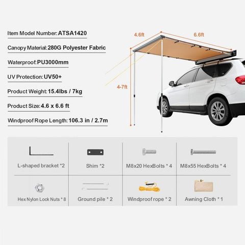 Car Side Awning, Large 4.6'x6.6' Shade Coverage Vehicle Awning, PU3000mm UV50+ Retractable Car Awning with Waterproof Storage Bag, Suitable for Truck, SUV, Van, Campers