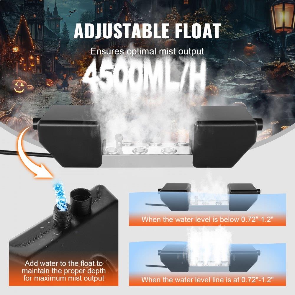 Ultrasonic Mist Maker 6 Head, 4500mL/H Ultrasonic Fogger, Mist Maker with 165W IP67 Waterproof Power Supply, Buoy, Replacement Discs, for Pond, Garden, Rockery, Greenhouse, Halloween Decoration