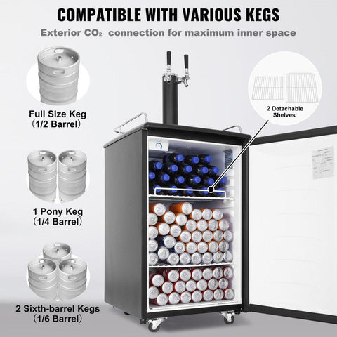 Beer Kegerator, Dual Tap Draft Beer Dispenser, Full Size Keg Refrigerator With Shelves, CO2 Cylinder, Drip Tray & Rail, 32°F- 50°F Temperature Control, Holds 1/6, 1/4, 1/2 Barrels, Black