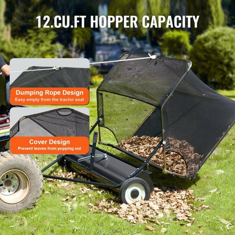 42-inch Lawn Sweeper Tow Behind, 12 cu.ft. Large Pull Behind Grass Sweeper, Heavy Duty Leaf & Grass Collector with Dumping Rope Design, Adjustable Sweeping Height for Picking Up Debris & Grass
