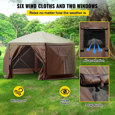Gazebo Screen Tent, 10 x 10 ft, 6 Sided Pop-up Camping Canopy Shelter Tent with Mesh Windows, Portable Carry Bag, Ground Stakes, Large Shade Tents for Outdoor Camping, Lawn and Backyard