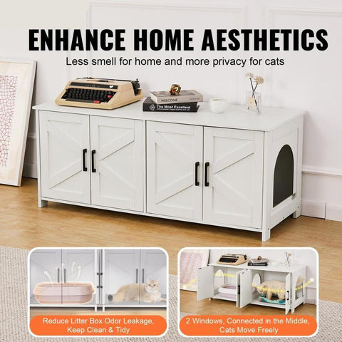 Cat Litter Box Enclosure Wooden Furniture Hidden Litter Box with 2 Rooms White
