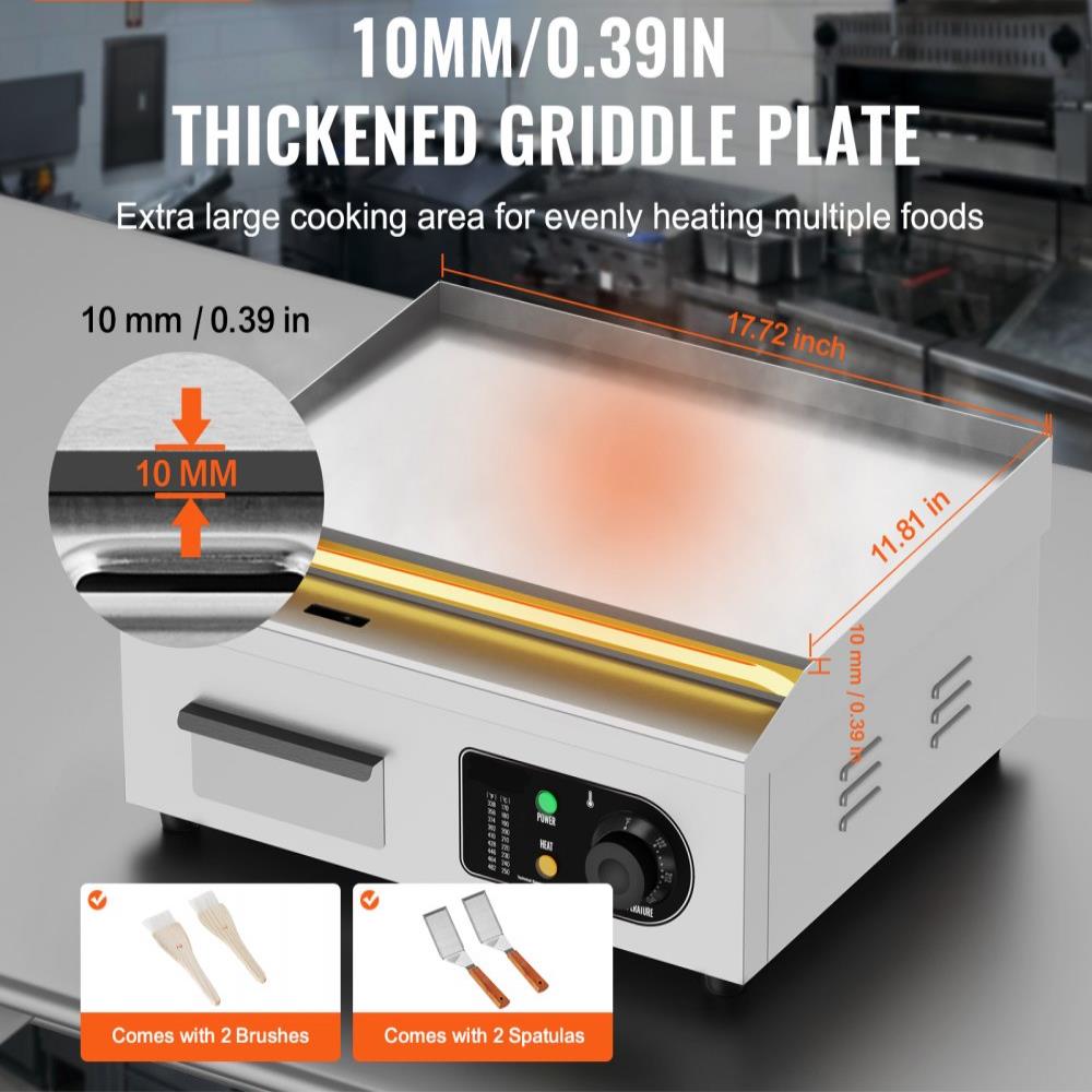 Commercial Electric Griddle, 1700W Countertop Flat Top Grill, 122℉-572 ℉ Adjustable Temp, 17.72 x 11.81 x 0.39in Stainless Steel Griddle Grill with 2 Shovels and 2 Brushes for Home or Restaurant