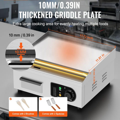 Commercial Electric Griddle, 1700W Countertop Flat Top Grill, 122℉-572 ℉ Adjustable Temp, 17.72 x 11.81 x 0.39in Stainless Steel Griddle Grill with 2 Shovels and 2 Brushes for Home or Restaurant