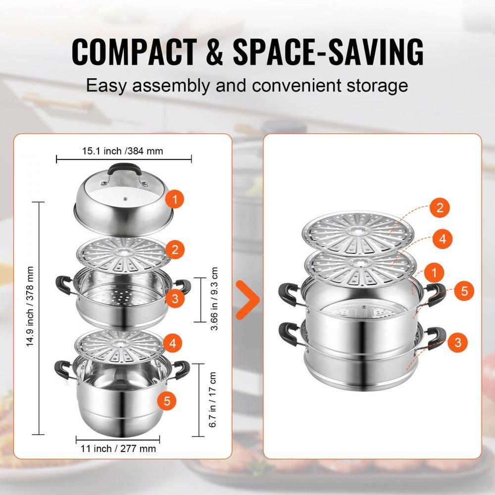 Steamer Pot 11in/28cm, 3 Tier Steamer Pot for Cooking with 8.5QT Stock Pot, Vegetable Steamer & 2 Steaming Tray, Food-Grade 304 Stainless Steel Food Steamer Cookware for Gas Electric Stove Grill