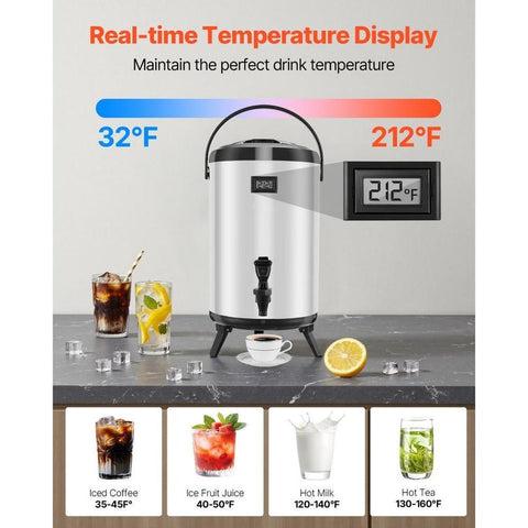 Insulated Beverage Dispenser, 3.2 Gal/12L Stainless Steel Thermal Drink Server with Spigot & Temp Display, Suitable for Hot and Cold Drinks, for Tea Coffee Water in Cafes & Restaurants, Silver