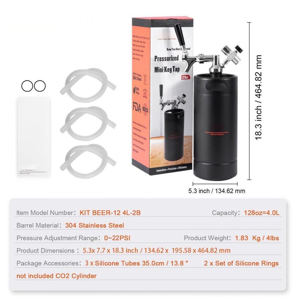 Beer Growler Tap System, 128Oz 4L Mini Keg, 304 Stainless Steel Pressurized Beer Growler, Keg Growler with Pressure Display, CO2 Regulator Faucet, Leak-Proof Ring For Draft, Homebrew, Craft Beer