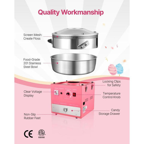 Electric Cotton Candy Machine, 1000W Commercial Candy Floss Maker with 20.5 in Stainless Steel Bowl, Sugar Scoop, and Drawer, Easy Home Use, Perfect for Kids Birthday, Family Party, Pink