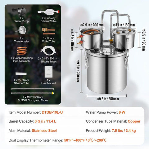 Alcohol Still, 3 Gal / 11.4 L Stainless Steel Water Alcohol Distiller with Copper Coil for Fast Cooling, Dual Condenser Distiller Kit with Secondary Distillation, for Wine Whisky Brandy, Silver
