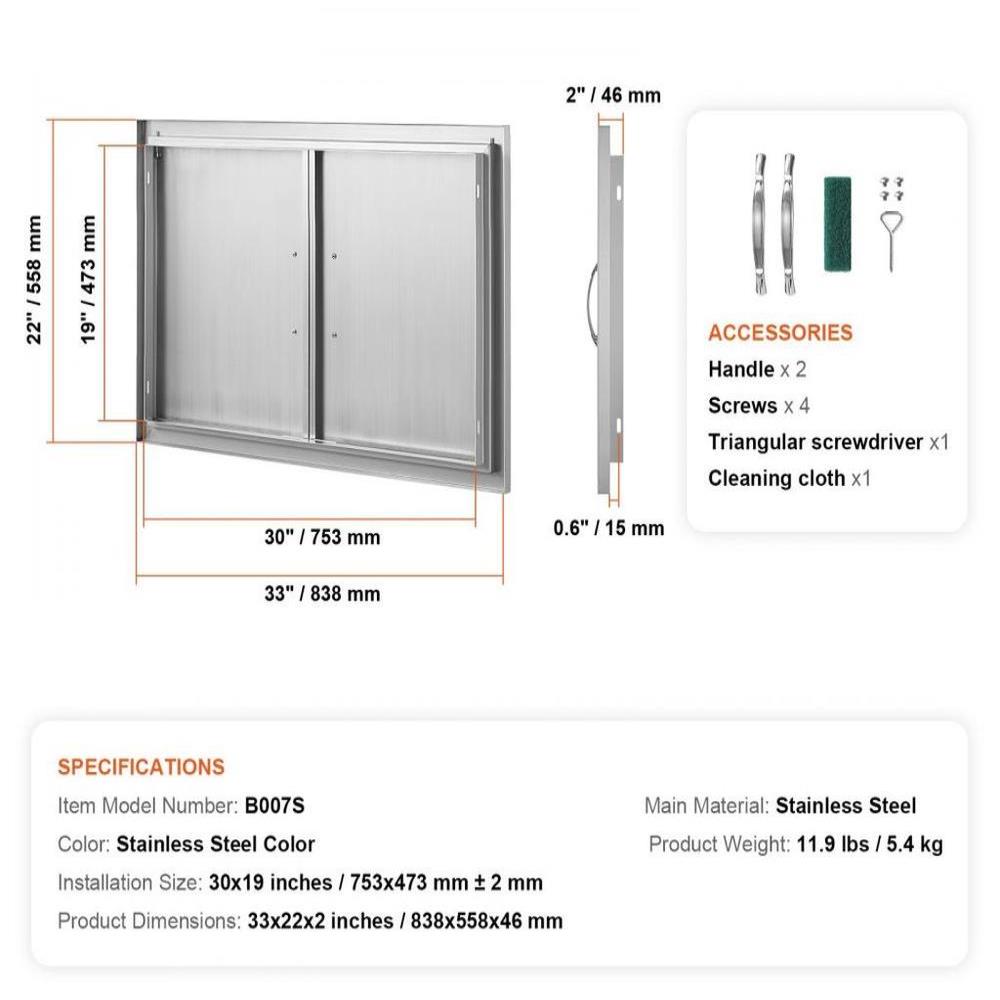BBQ Access Door, 33W x 22H Inch Double Outdoor Kitchen Door, Stainless Steel Flush Mount Door, Wall Vertical Door with Handles, for BBQ Island, Grilling Station, Outside Cabinet