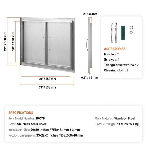 BBQ Access Door, 33W x 22H Inch Double Outdoor Kitchen Door, Stainless Steel Flush Mount Door, Wall Vertical Door with Handles, for BBQ Island, Grilling Station, Outside Cabinet