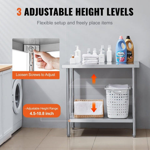 Stainless Steel Prep Table 24 x 36 x 34 Inch Heavy Duty Work Table with Adjustable Height Commercial Workstation for Kitchen Garage Restaurant Backyard
